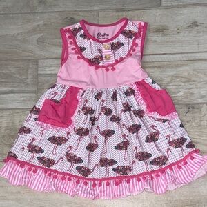 Ruffles Ny Tutu and Lulu Girls 5T Pink Flamingo Dress Pockets and Pom Pom Trim